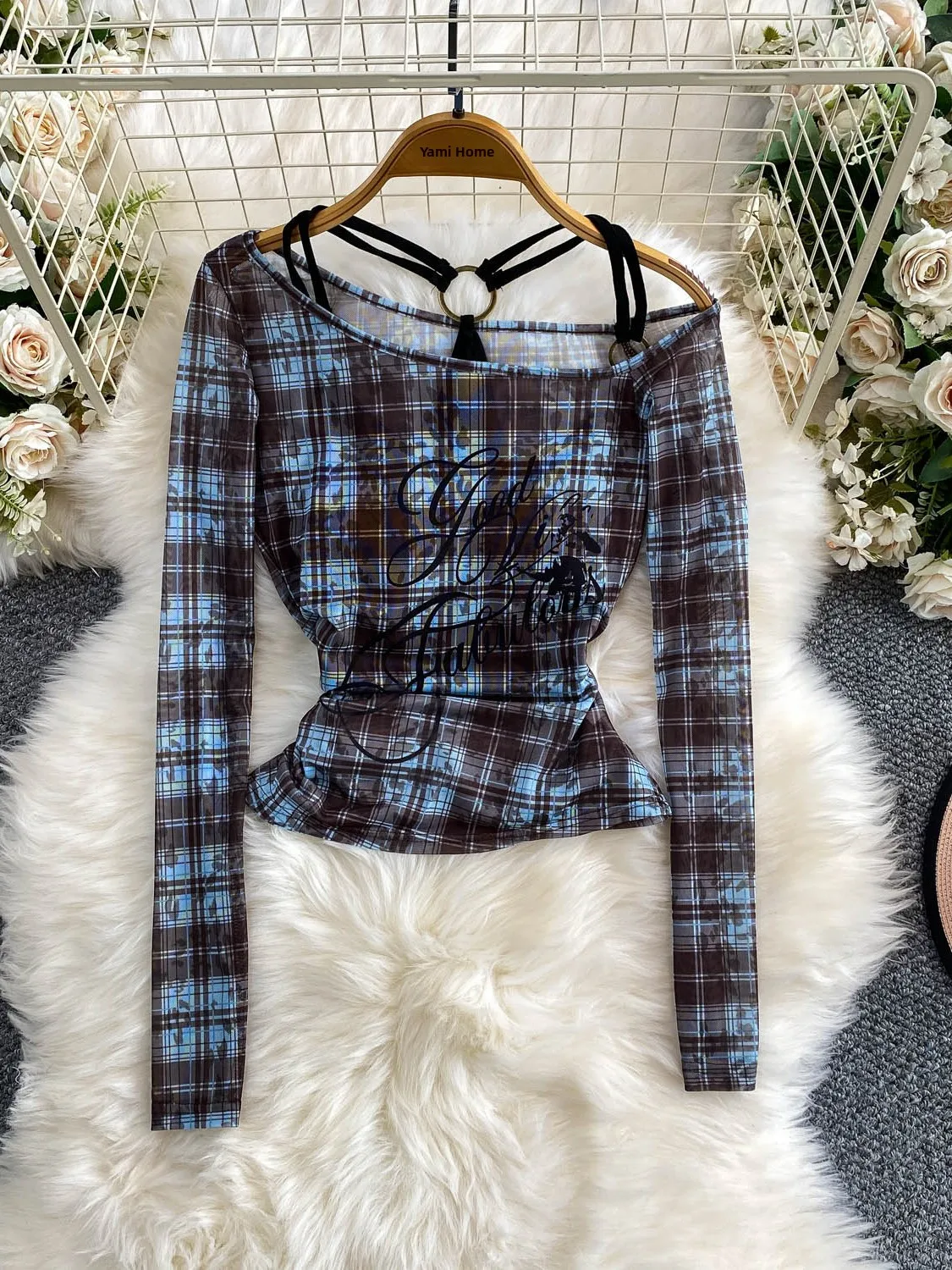Sexy American Girl Checkered Print Mesh Top One Shoulder Strap Summer Design High Waist Slim Fit Long Sleeve T-Shirt for Women