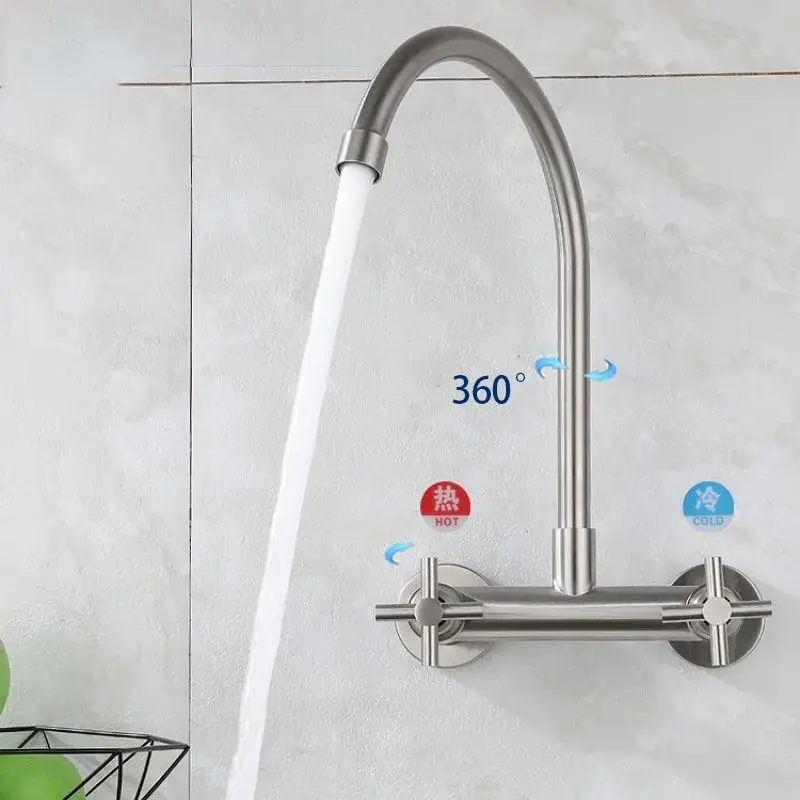 

Stainless Steel Kitchen Faucet Wall Mount Double Cross Handle Swivel Spout Commercial Utility Laundry Room Restaurant Sink Mixer