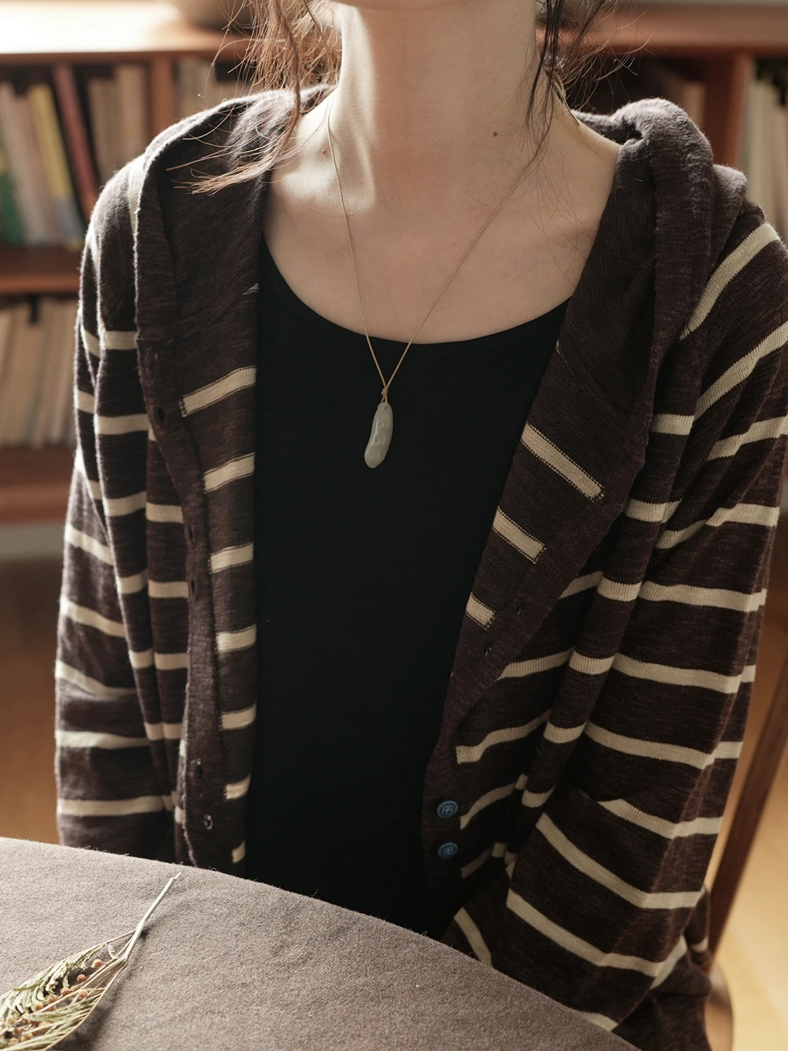 

Lrcp Two People's Production S No 704 Полосатый кардиган на пуговицах с капюшоном Женский свободный крой Длинный светер весна-осень