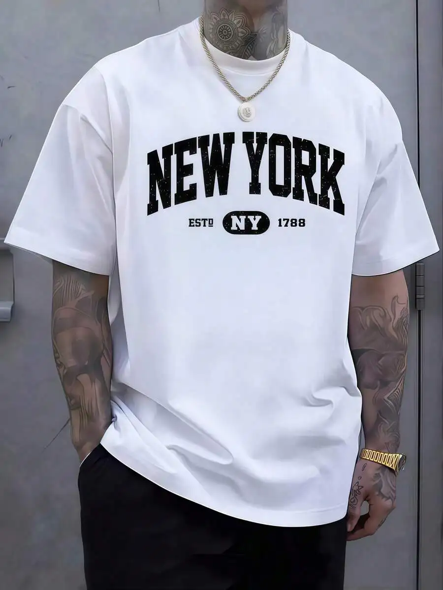 1pc Mens Clothes New York Letter Print White TShirt, Unisex Casual Crew Neck Tshirt, Plus Size Men's Clothing 5XL, Lightweight 2