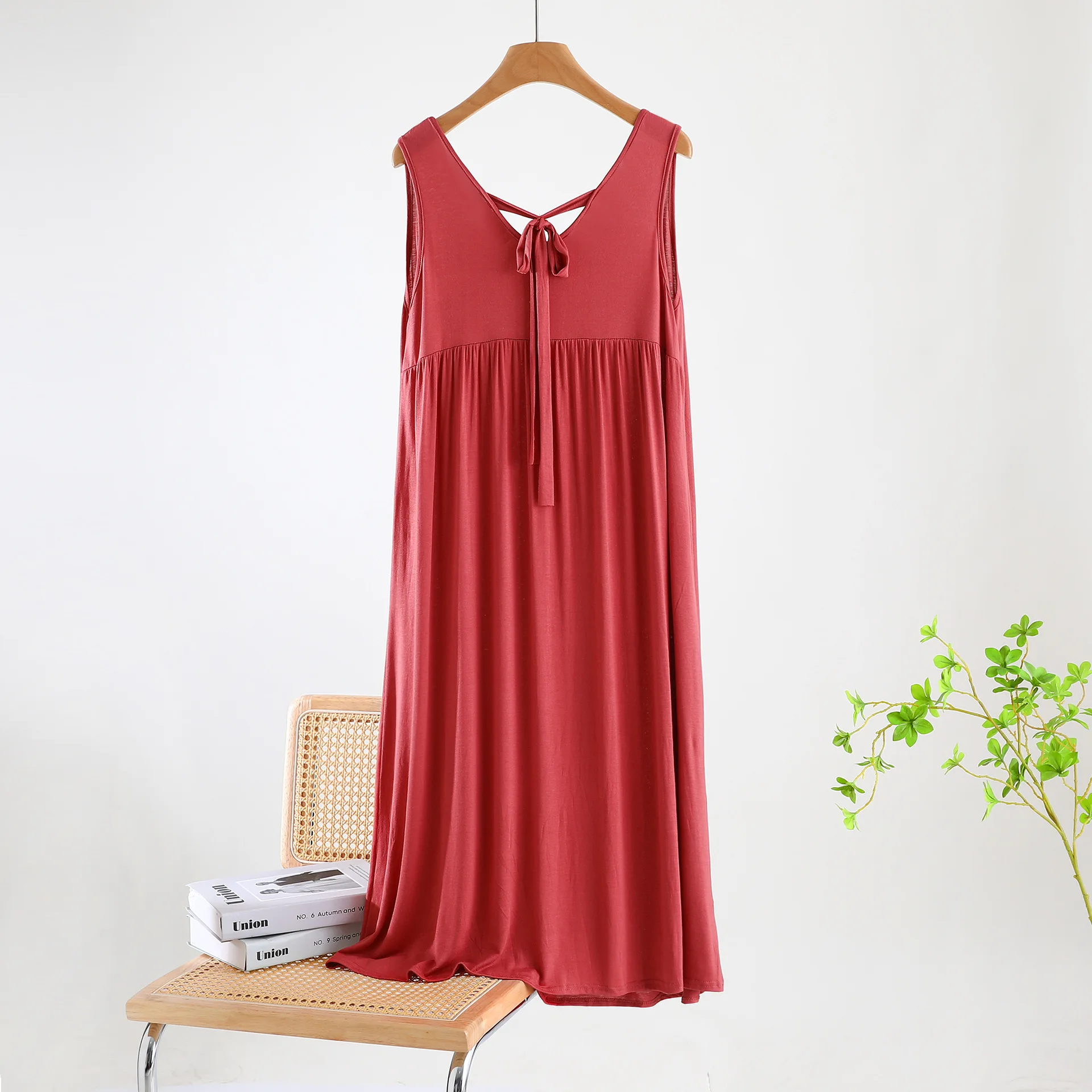 Vestido sem encosto modal feminino, vestido noturno com renda sem mangas, saia de colete solto, roupa de dormir de verão, camisola