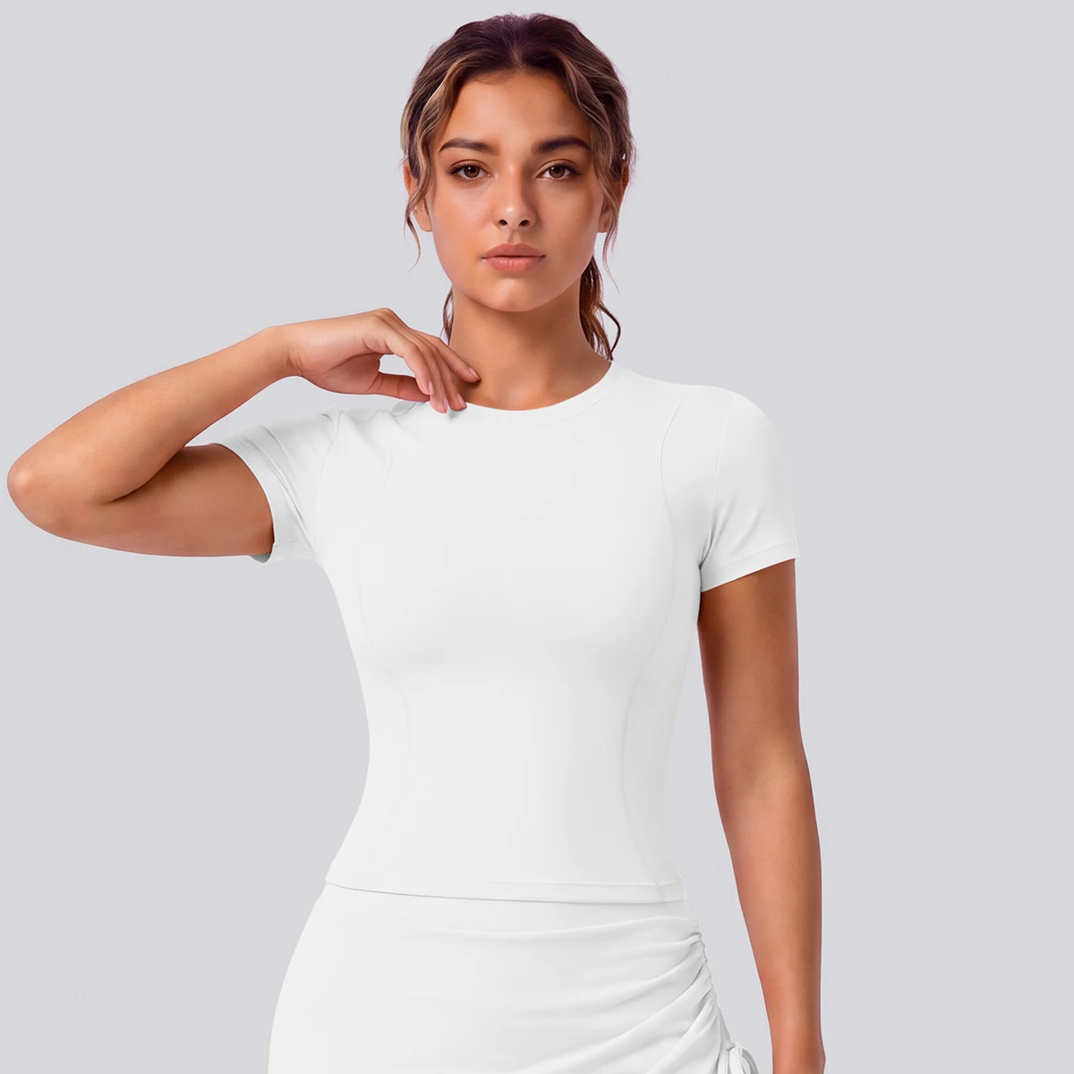 Rooftrellen Schnelltrocknendes Enges Yoga-T-Shirt für Damen, Kurzarm, Einfarbig, Atmungsaktives Sport-Top für Fitness und Yoga – Detail 5