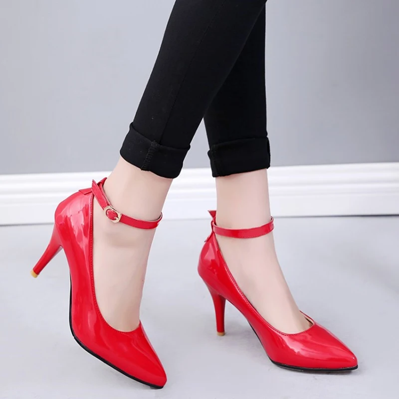 Fashion Women\'s Pumps Shoes Elegant Ankle Straps Thin High Heels Red Nude Heeled Office Party Wedding Shoes Woman Large Size 46