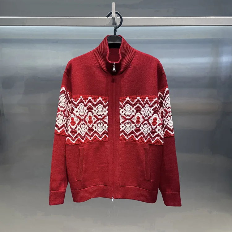 

Original Design Spring 2026 Red Fair Isle Knitted Sweater Coat Zipper Casual Loose Fit Long Sve Men's Faion Breathable