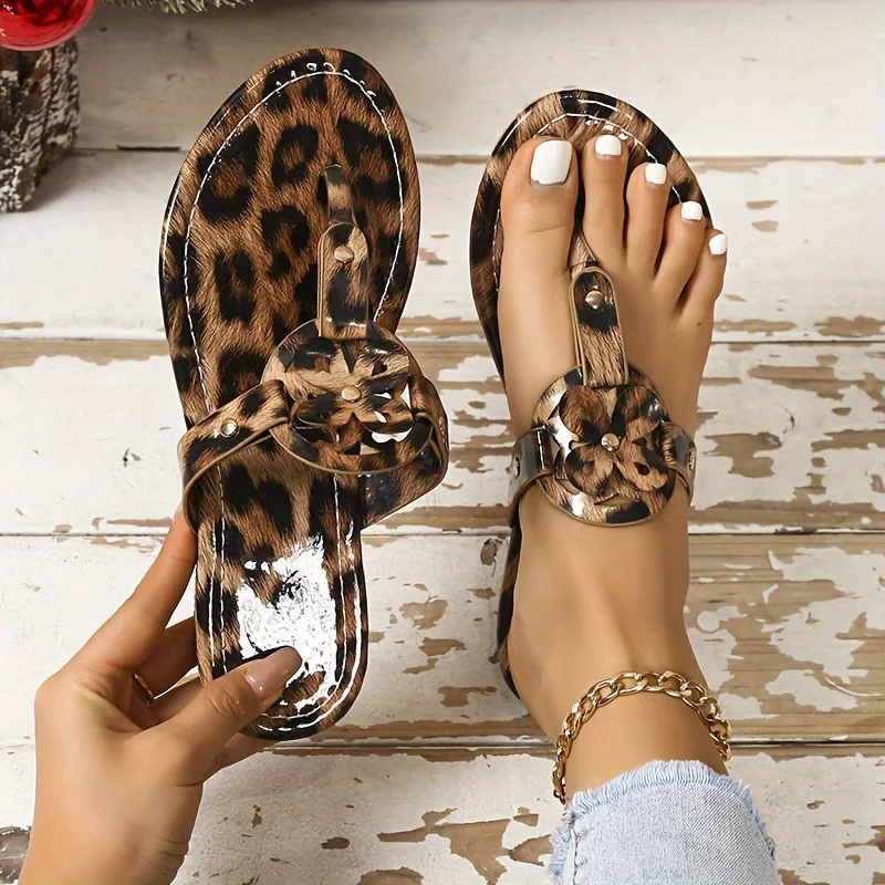 Women\'s Flip Flops Summer 2024 New Fashion Leopard Print Flat Slippers Woman Causal Open Toe Beach Shoes Slides Female Flipflop