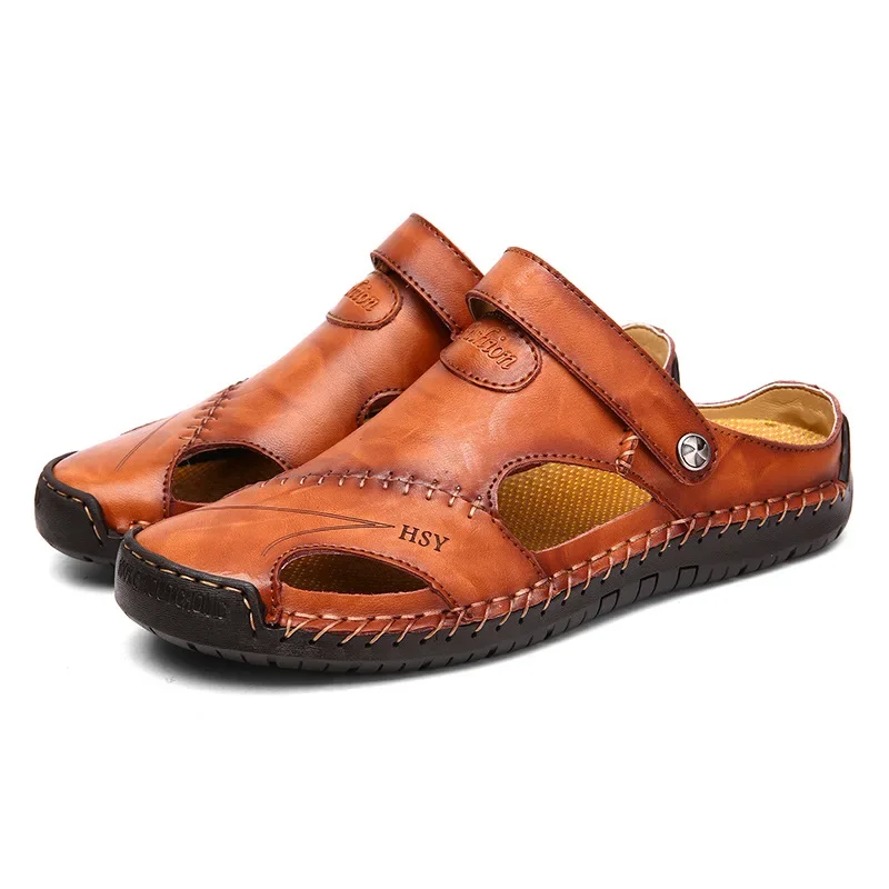 Hand Sewn Summer Men's Cowhide Sandals Outdoor Beach Casual Sandals and Slippers Men's Shoes