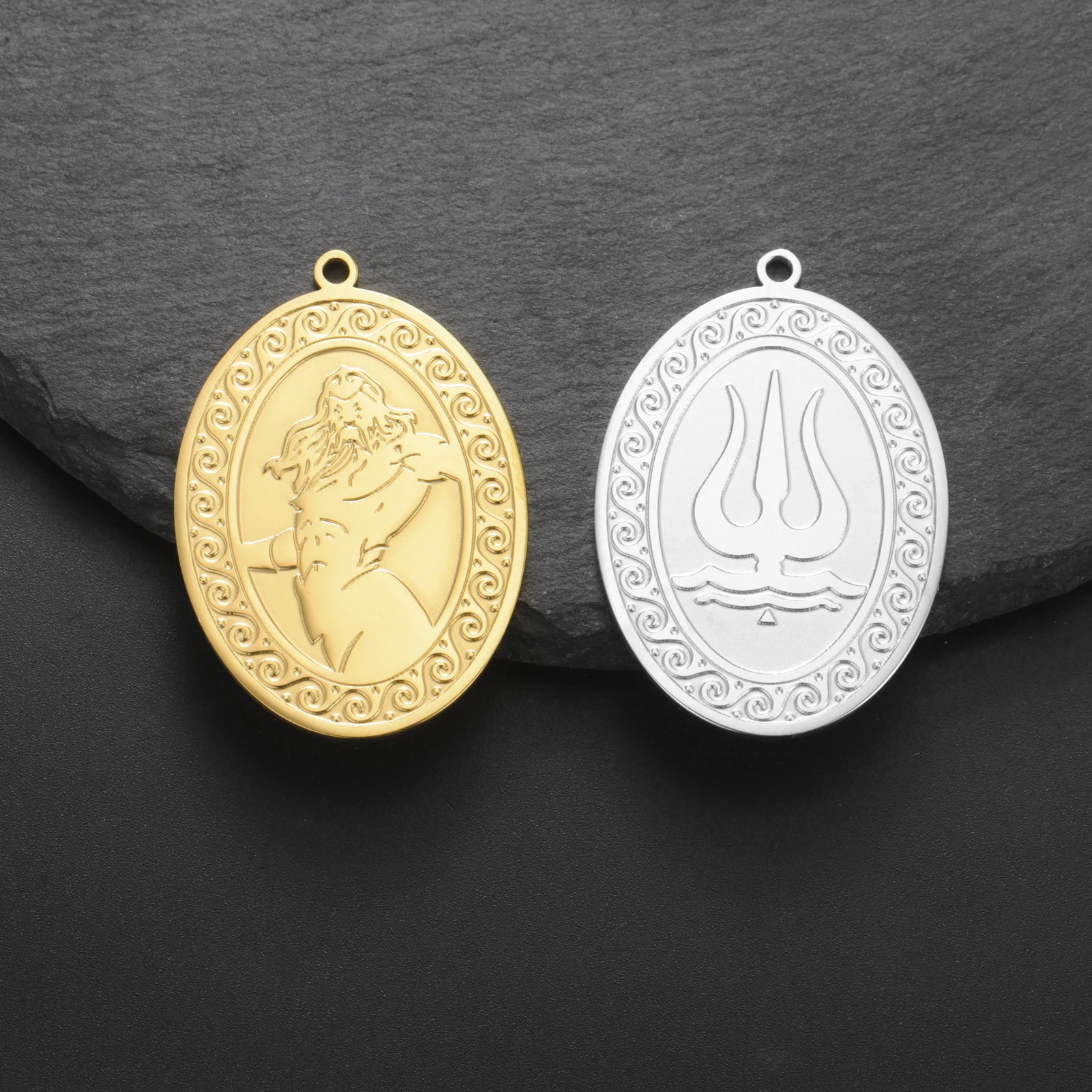 

1PC Greek Mythology Poseidon Pendant Stainless Steel Retro Trident Pattern Pendant Double-sided Amulet Jewelry