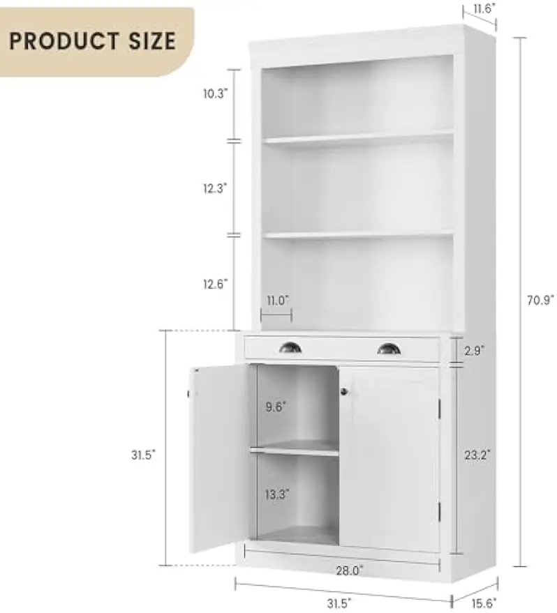 5-Tier Bookshelf, 70 Inch Tall Bookcase with 2 Doors and 1 Drawer, Modern Pantry Sideboard with Adjustable Shelf