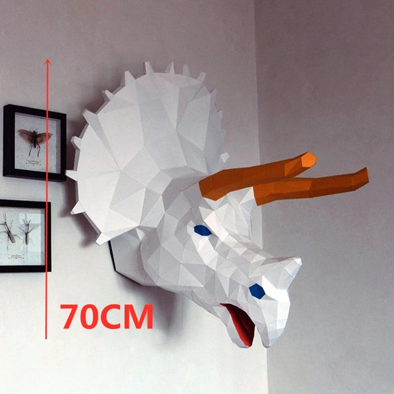 Dinosaur Head 3D Paper Model Huge Triceratops Head Hanging Papercraft DIY Low Poly Origami Porch Decor Home Room Ornaments Toys