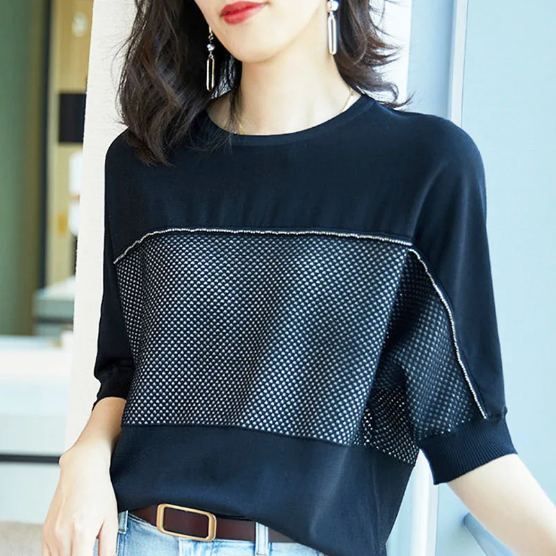 Round Neck Pullovers for Women, Vintage Three Quarter Blouses, Korean Top T-Shirt, Elegant Fashion, Temperament Creative, New,