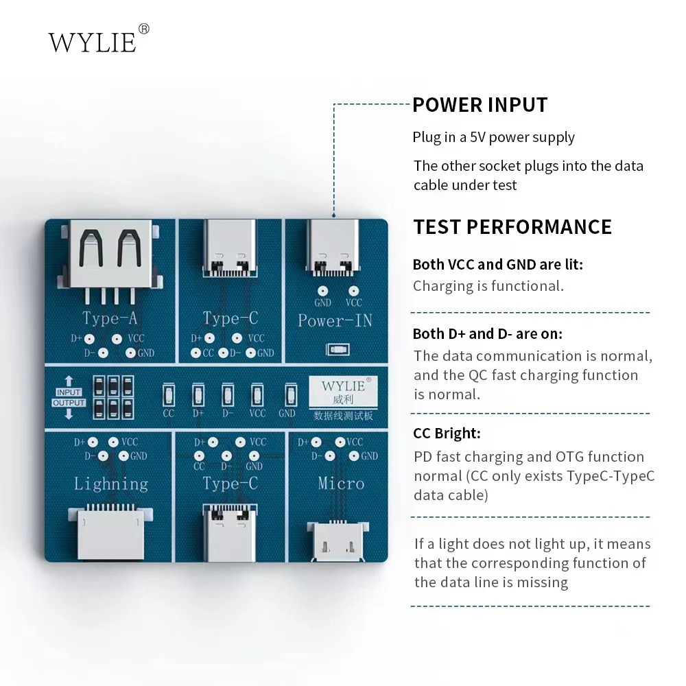 

Wylie Cable Detection Board For Apple Samsung HUAWEI Xiaomi LG Type-C/Type-A/Micro/Lightning/Mobile Phone Data Cable Test Board