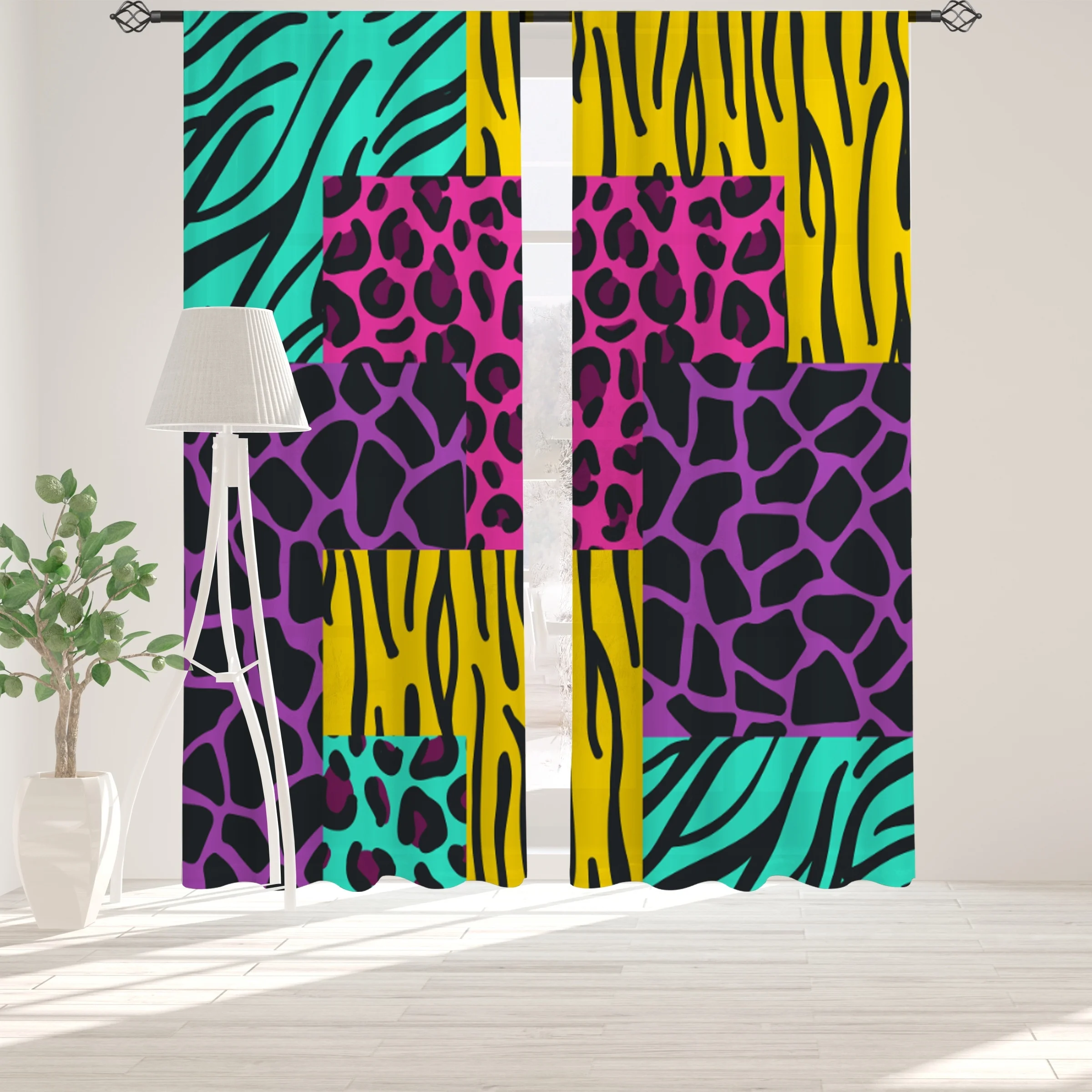 Colorful Animal Print Curtains, Neon Leopard Zebra Patchwork Drapes for Girls Room, Wild Boho Window Treatment Home Decor