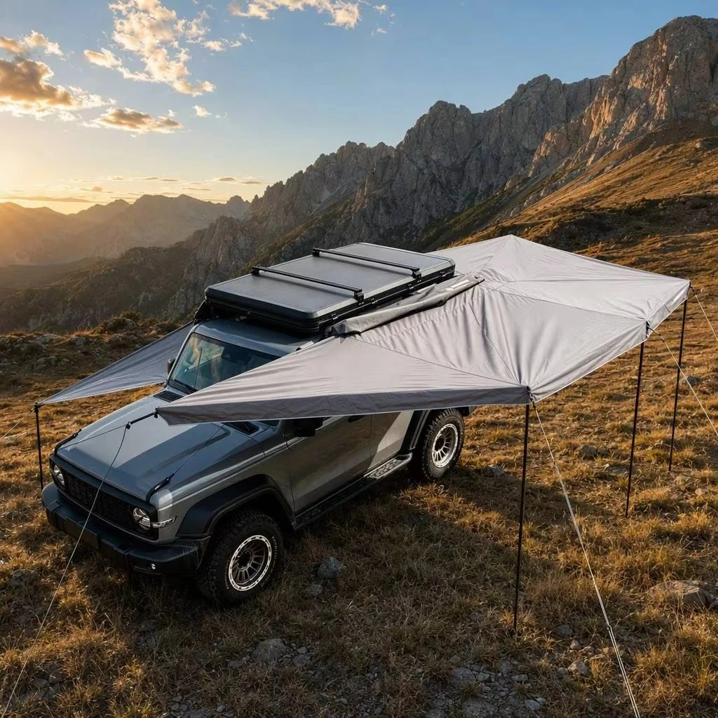 270 Degree Batwing Awning Hard Shell Freestanding Car Side Awning for 4x4 SUV Truck,Overland Camping Waterproof with LED Light