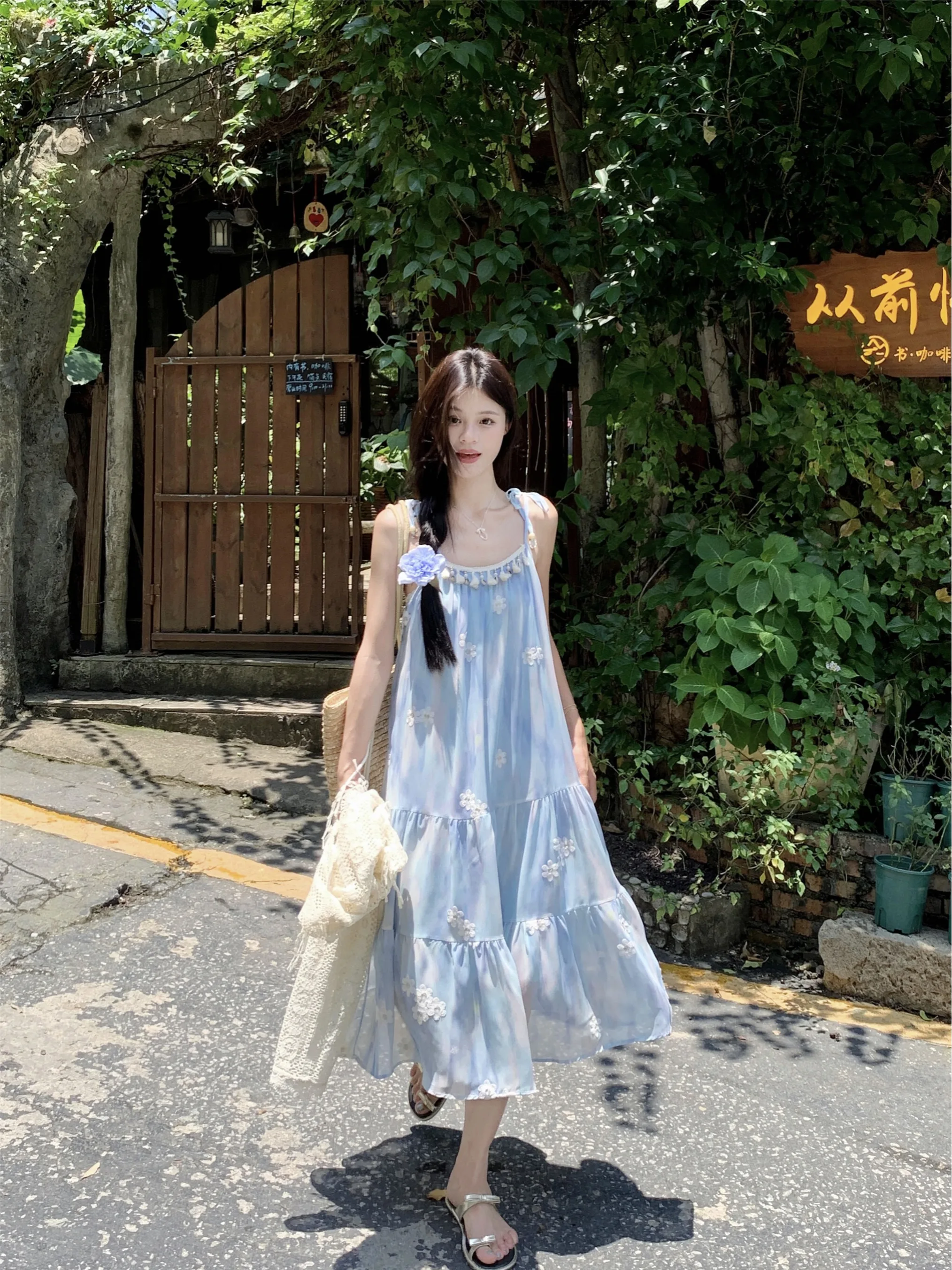 High Quality Hot Selling Blue Flower Suspender Dress Gentle Stylish Temperament Perfect Vacation Long Vestidos Vintage Dress Y2k