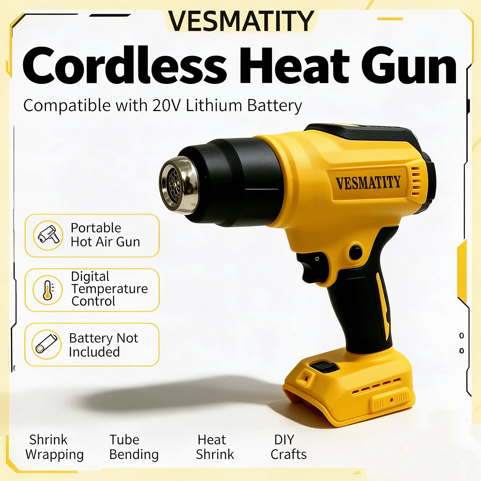 Hot Air Gun Cordless Heat Gun with LCD Screen for 20V Lithium Battery,Heat Shrink & Plastic Tube Bending Industrial Heating Tool