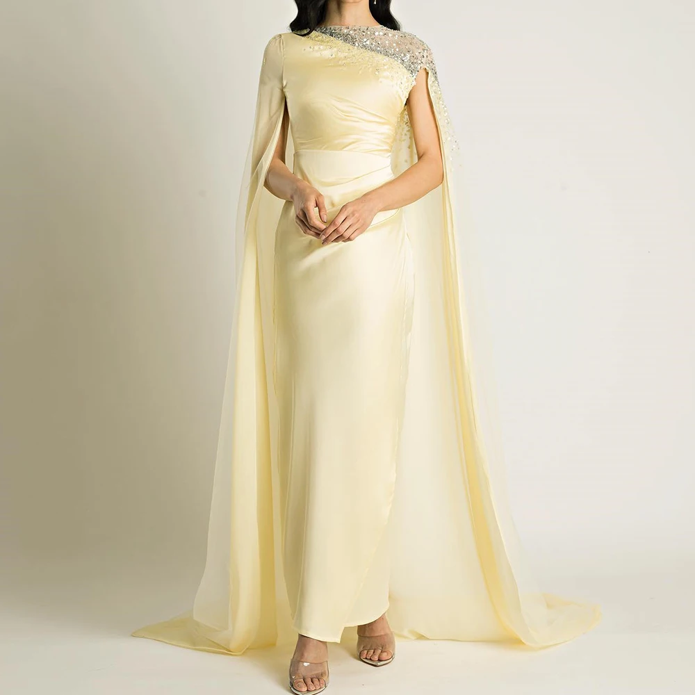 

Exquisite Crystal Off the Shoulder Satin Evening Dresses Delicate Straight Ankle Length Crew neck Short Sleeves فساتين سهرة