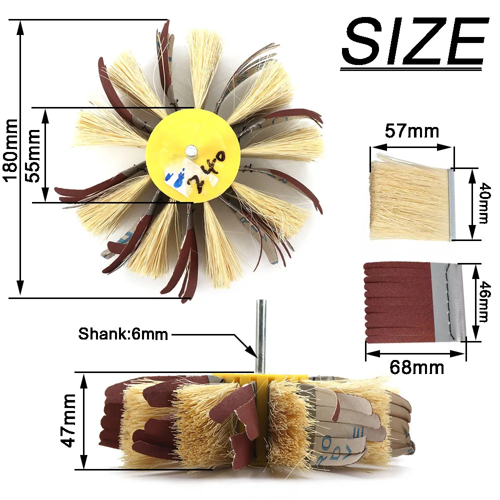 1PC 150mm*6mm Shaft Mounted Sisal & Emery Cloth Bristle Polishing Brush Wheel for Wood Primer Sanding 80-400Grit