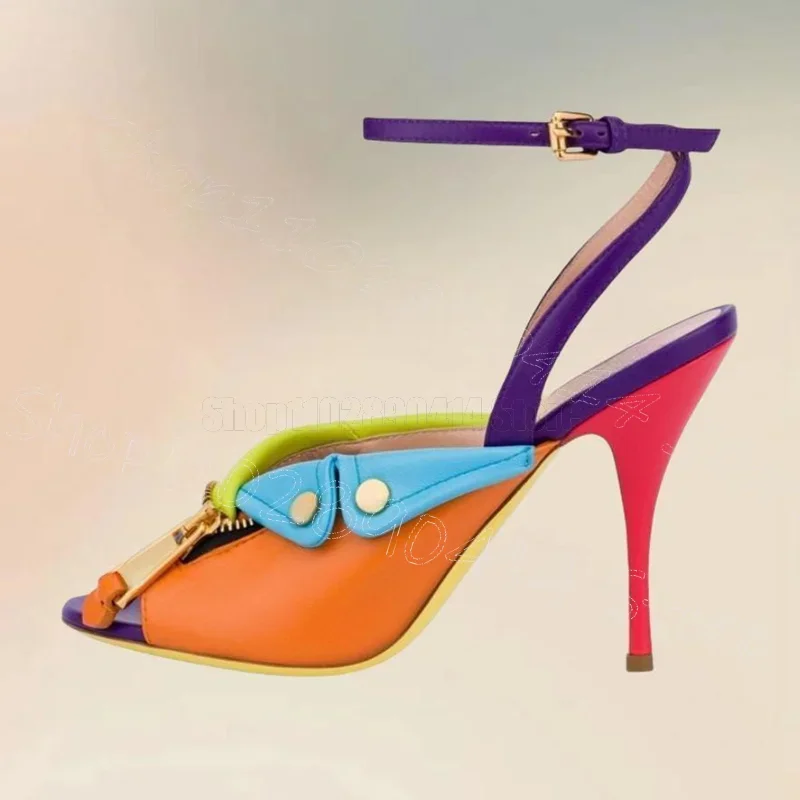 Metal Zipper Colorful Leather Patchwork Sandals Buckle Strap Women Shoes Thin High Heels Peep Toe Feast 2025 Zapatos Para Mujere