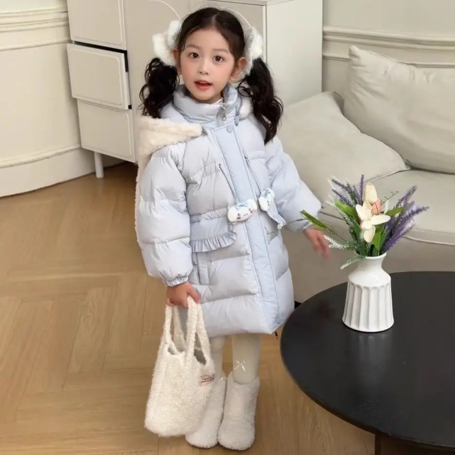 

Kawaii Winter New Children Down Jackets Sanrio Anime Cinnamoroll Cotton Long-Style Thicken Down Jacket Warm Zipper Hooded Jacket