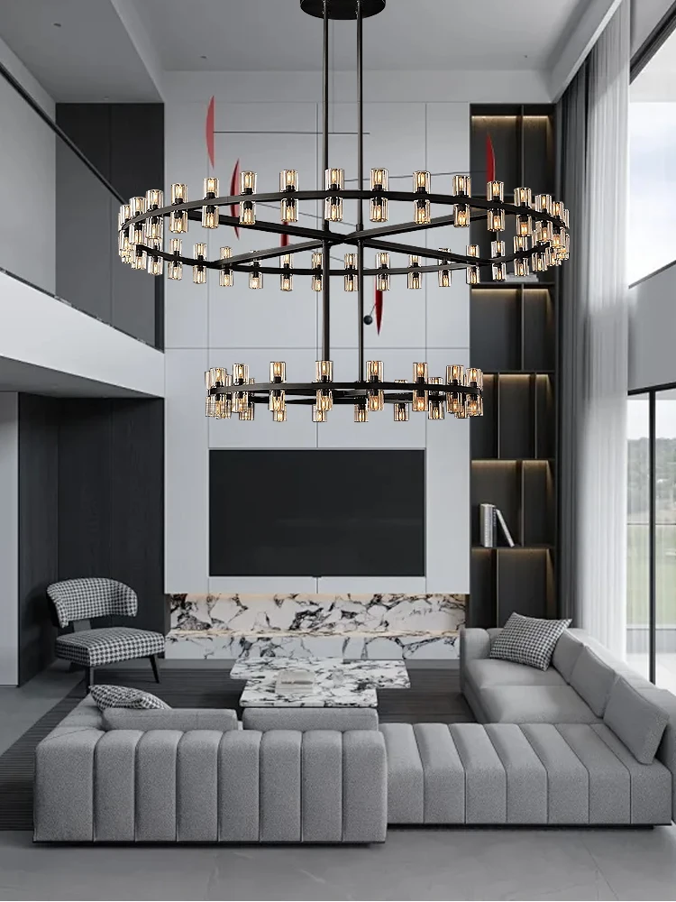 2024 Villa Duplex Black Brass Crystal Chandeliers Luxury Home Decoration Large Hanglamp for High Ceiiling Appliance Lustres