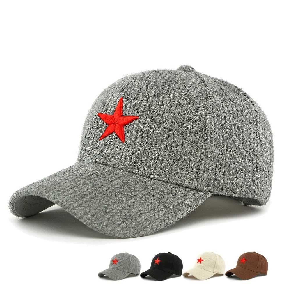 Unisex Five Pointed Star Knitted Duckbill Cap Autumn Winter Three-dimensional Embroidery Warm Sunshade Baseball Hat Adjustable