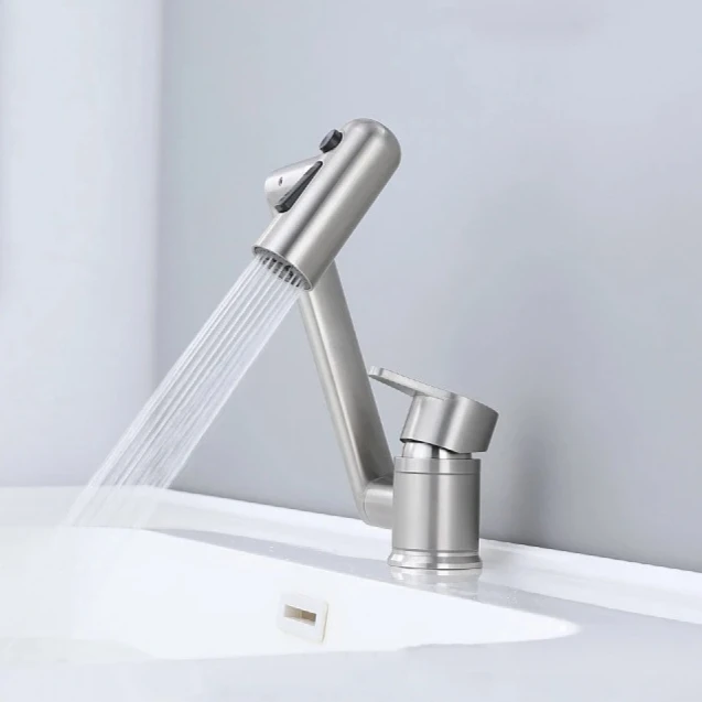 Foldable Bathroom Basin Faucet Stream Sprayer Hot Cold Water Tap Stainless Steel Mixer Wash Tap Aerator 360° Rotation Swing Arms