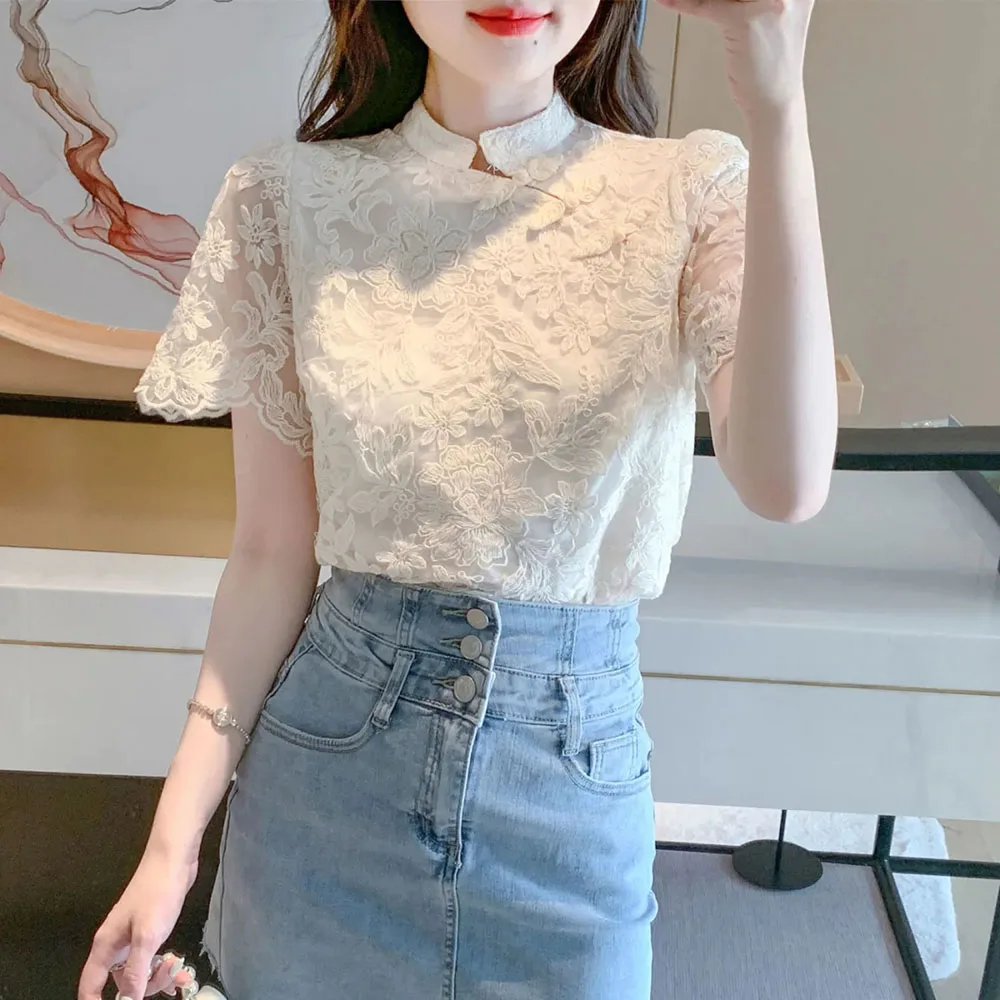 Chinese Style Short Sleeve Lace Buckle Cheongsam Top Women Summer Stand Collar Hollow Out Solid Blouses Ladies Elegant Shirt Top