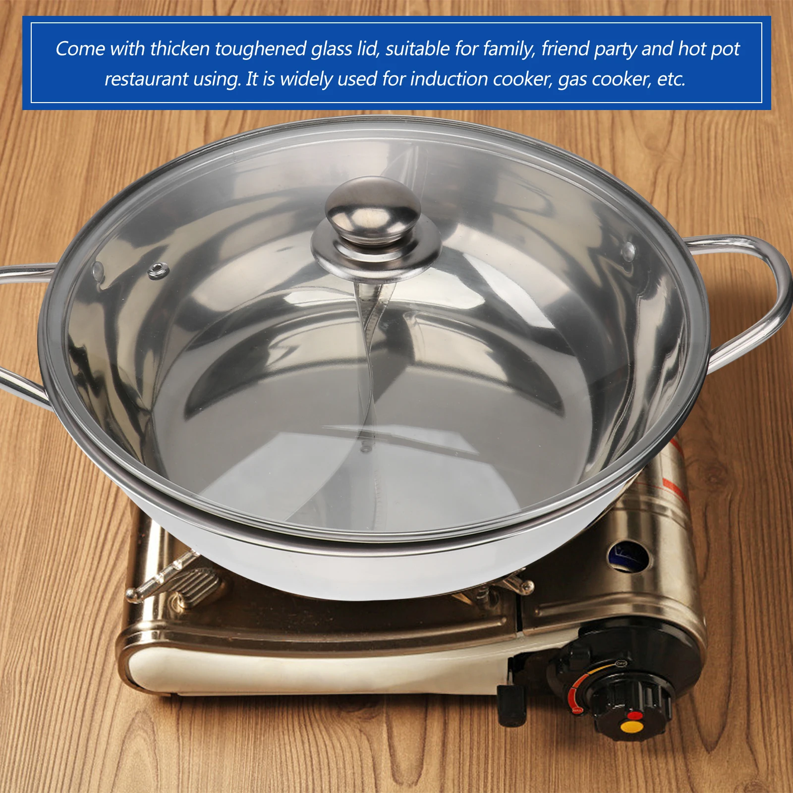 

30Cm Stainless Steel Hot Pot Dual Divider Thickened Glass Lid Induction Gas Compatible Widened Handle Family Party Restaurant