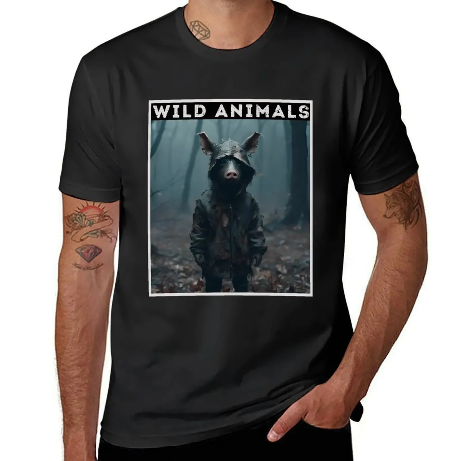 Customs Design Your Own Plus Size Tops Men's Cotton T-shirt Wild Animals Wild Boar in The Spooky Forest T-Shirt Clothing Funny