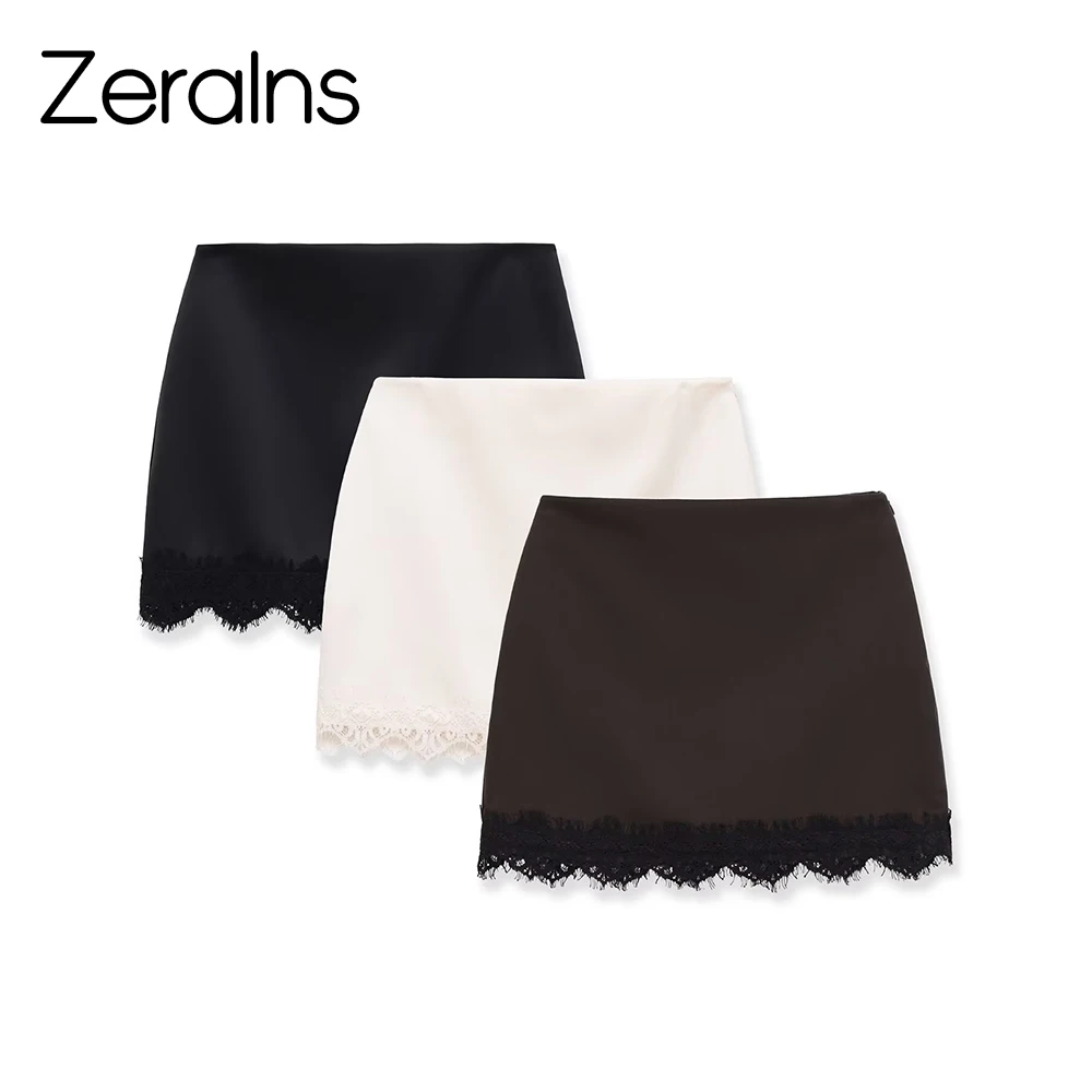 

ZERAINS Retro lace lace patchwork high waisted skirt for women's summer slimming and anti glare satin short skirt