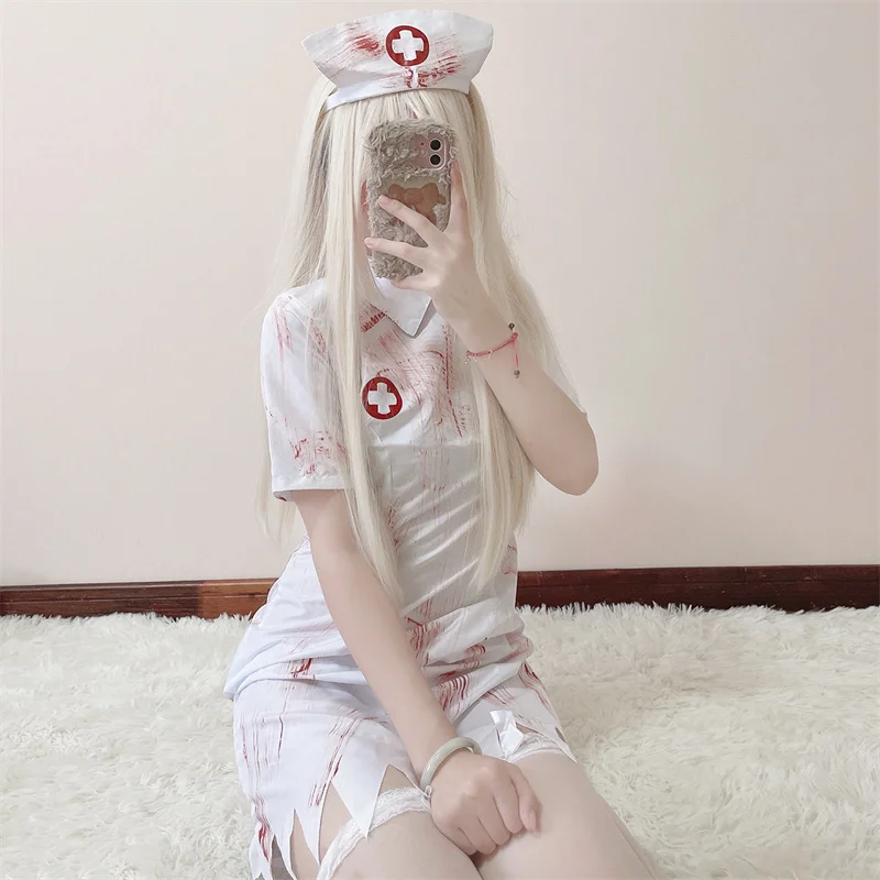 

Sexy Cross Nurse Costume Halloween Seductive White Maid Suit Cosplay Gothic Dress Bleeding Nurse Costumes