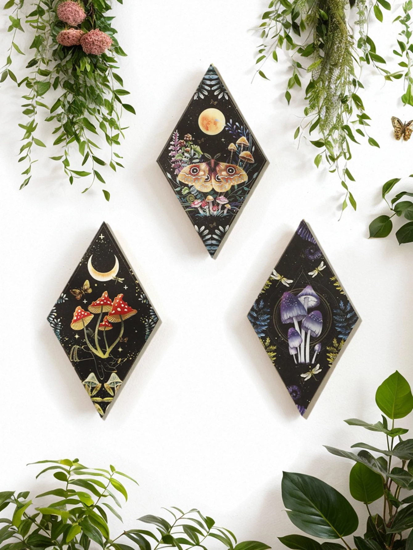 Mushroom Butterfly Pattern Wooden Wall Decor Rhomboid Wall Hanging Boho Home Decoration Witch Decor Room Decors Aesthetic Gift