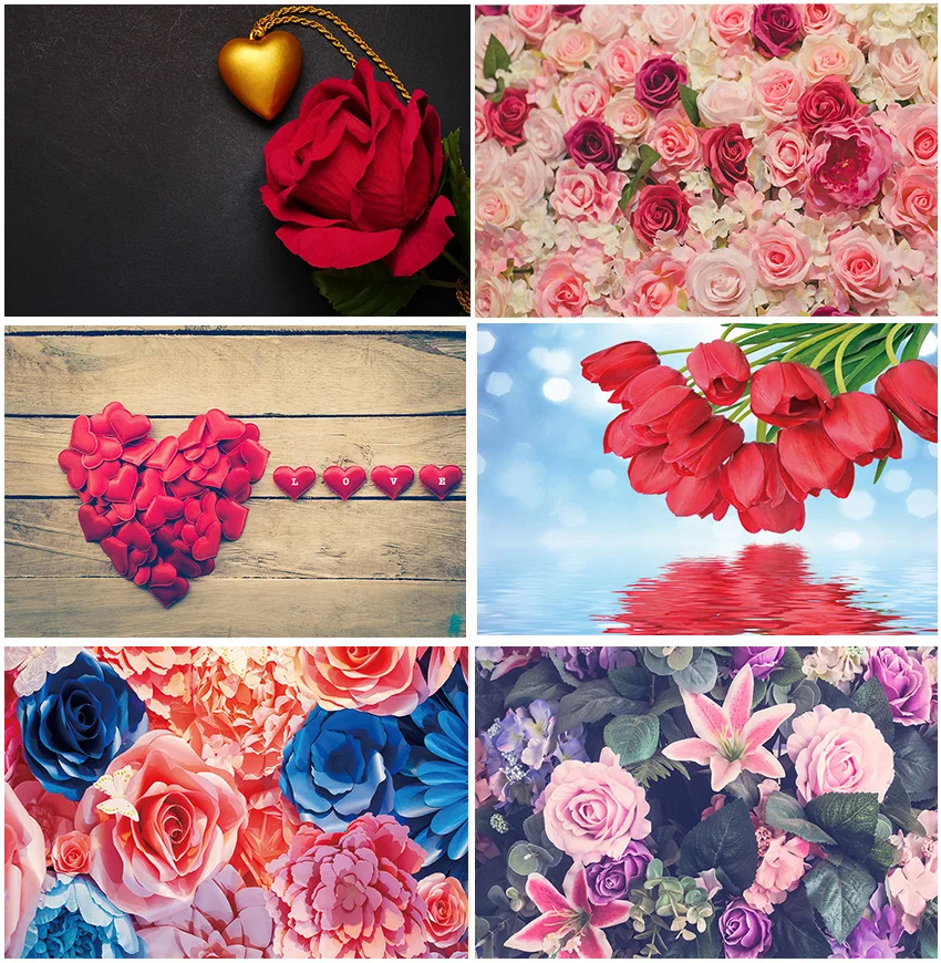 

Wooden Boards Flowers Love Heart Backdrops Photo Valentines Day Roses Wedding Decoration Backgrounds Studio Banner Photocall