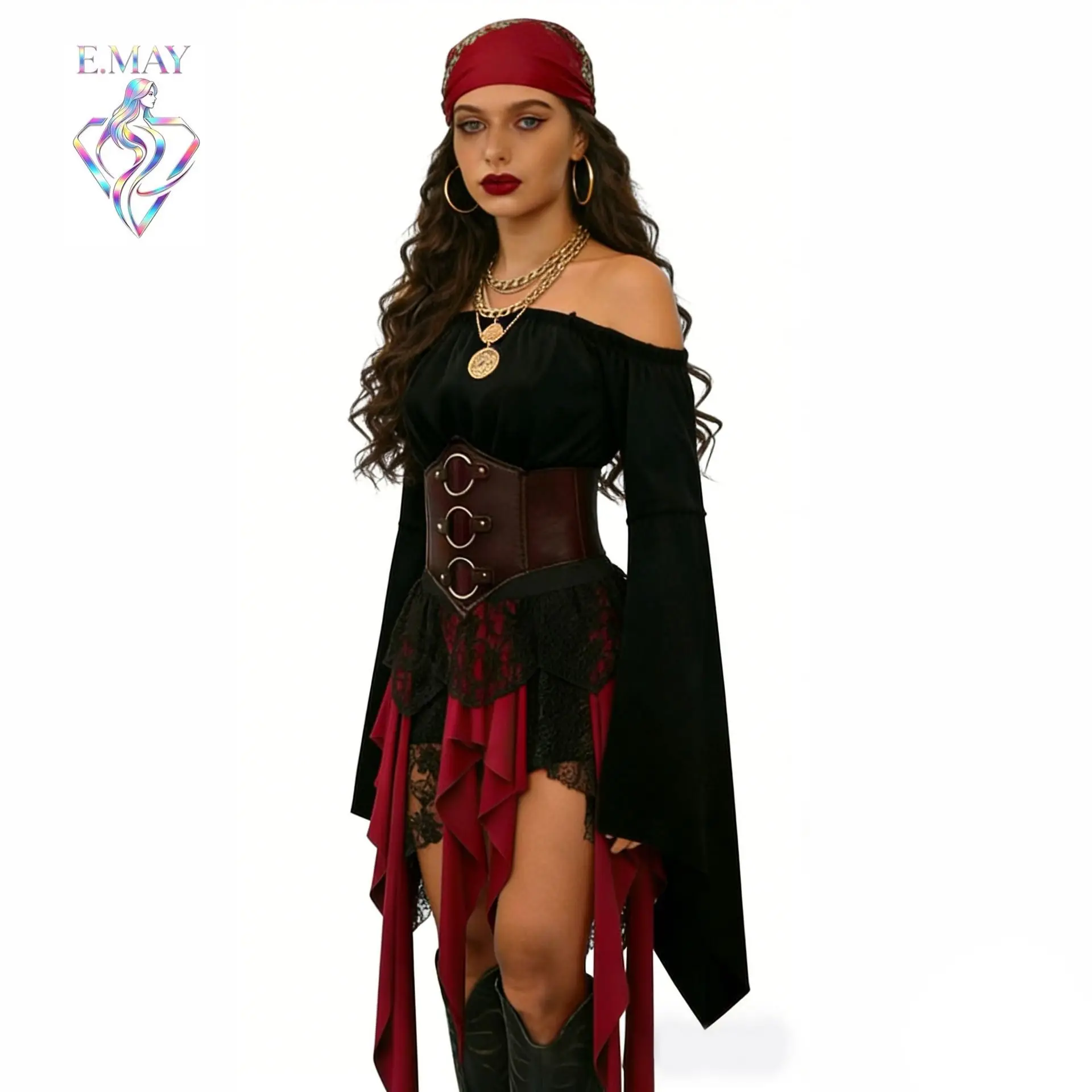 Halloween Pirate Cosplay Skirt One Shoulder Bell Sleeve Wide Waist Belt Slimming Women's Traditional Costume Stage Performance