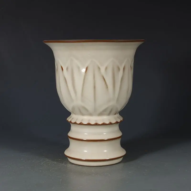 Vintage Chinese Imitate Song Ding Kiln Matte Off White Relief Lotus Petal High Foot Porcelain Planter Antique Decorative Vase