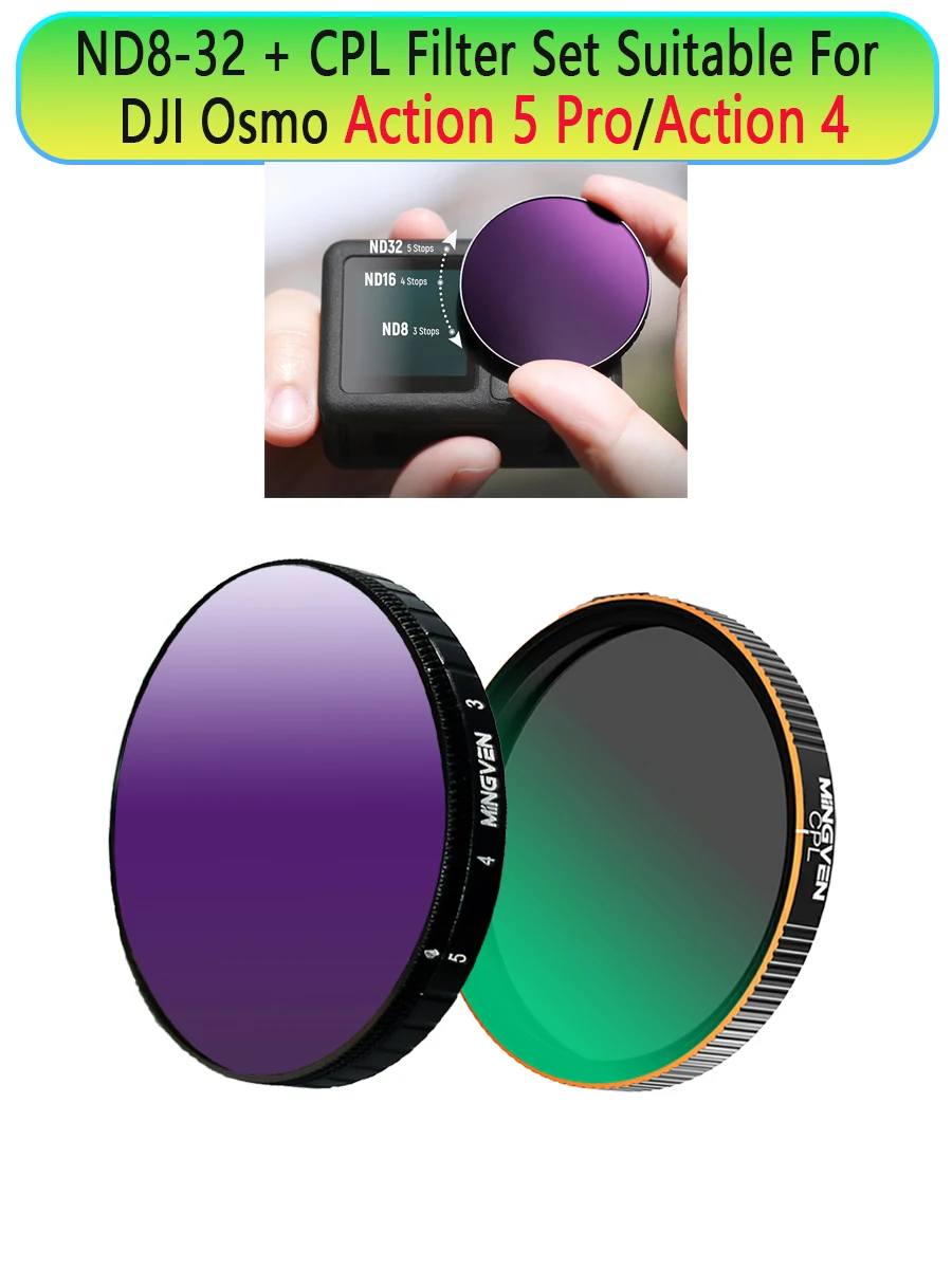 

MINGVEN Adjustable ND8-32+CPL Filter Set for DJI Osmo Action 5 Pro/Action 4, Camera Accessories, Optical Glass