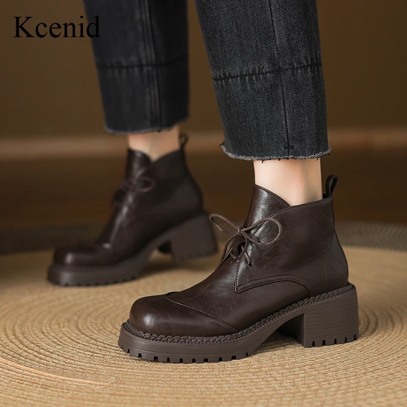 

Kcenid/женские ботильоны с круглым носком, обувь для верховой езды на массивном каблуке со шнуровкой, повседневная осенне-зимняя коричневая, черная, большой размер 43