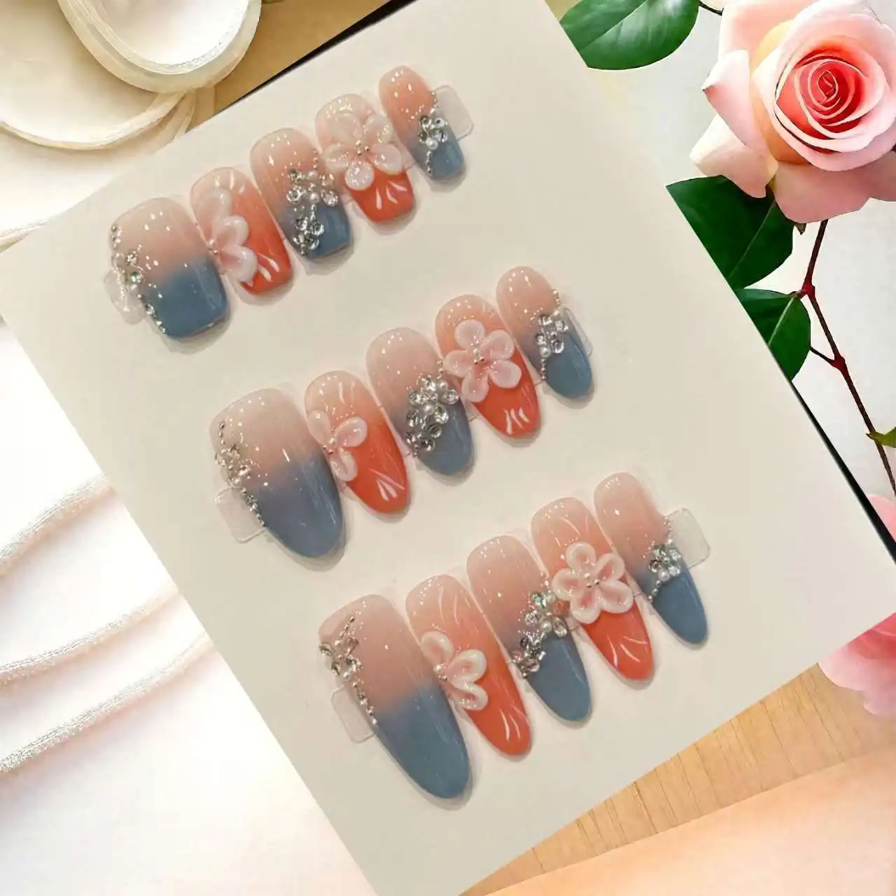

10 шт. роскошные ногти ручной работы Beiyang с цветочным овальным дизайном, мягкие румяна, градиентные резные цветочные стразы, пресс на ногтях с 4 шт.