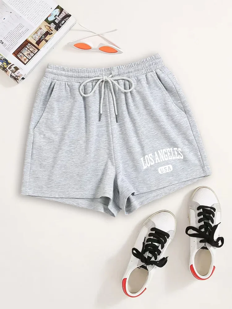 Los Angeles USA Letter Print Drawstring Shorts Casual Slant Pockets Shorts For Spring & Summer Women's Men's Oversize Clothing