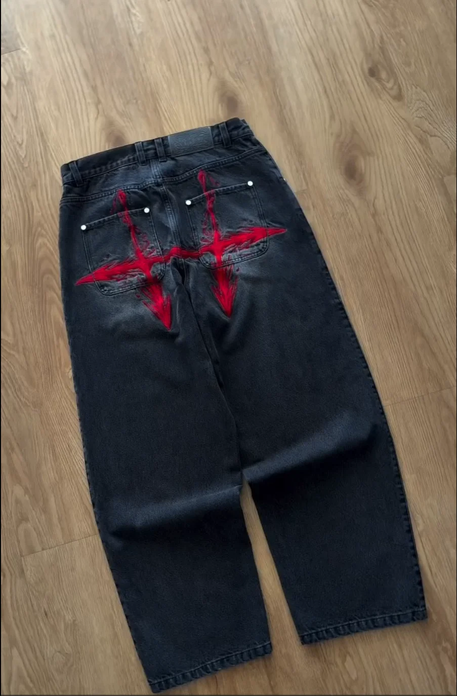 Y2K Vintage Loose Denim Pants Black Japan Cartoon Pattern Embroidered Jeans Women Wide Leg High Waist Streetwear Men Jeans