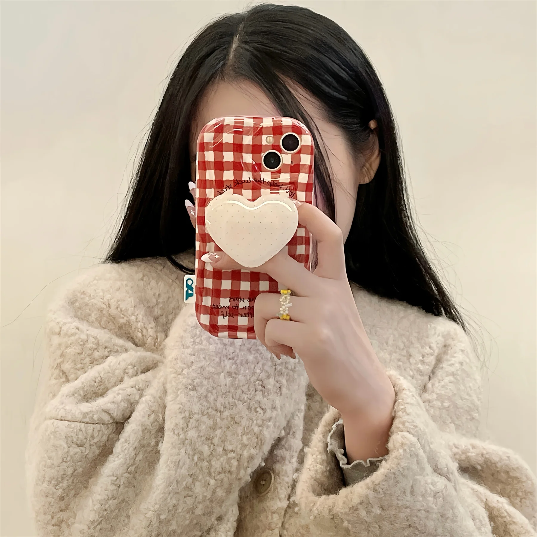 Ins Korean Luxury Simple Checkered Pattern Love Heart Stand Holder Case for iPhone 15 14 13 12 Pro Max Shockproof Back Cover