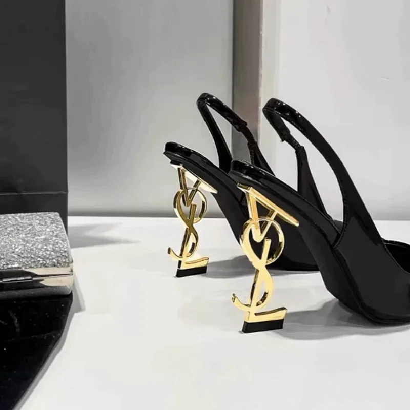 Letter with black women's high heels slim heels 2024 new women's sandals sexy bun head pointed goddess single shoes