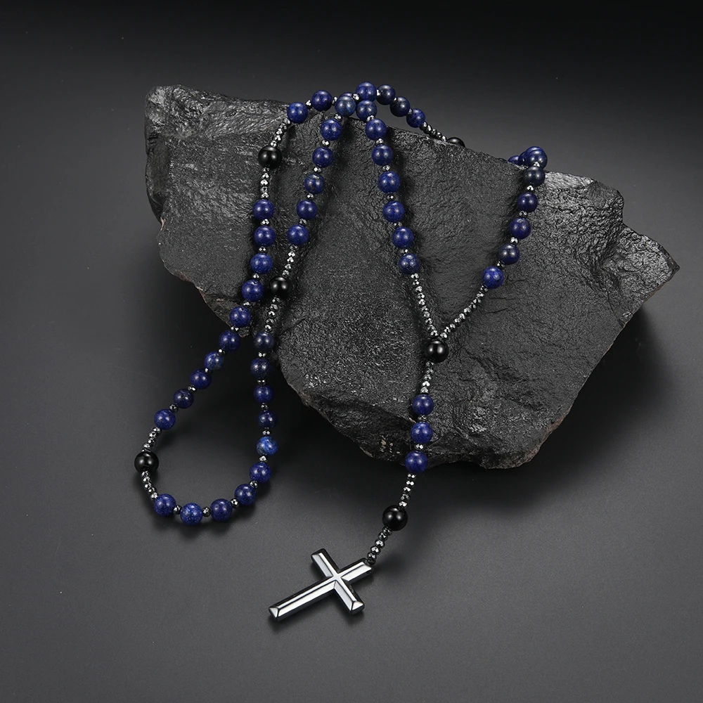 Naturstein blaue runde Perlen Edelstein Kreuz Anhänger Halskette für Männer und Frauen Rosenkranz Gebetsschmuck – Detail 4
