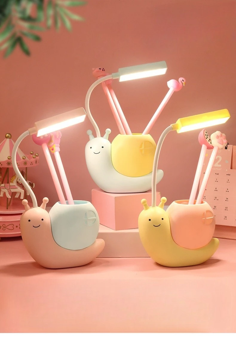 Multi-Functional LED Desk Lamp Student Learning with Pen Holder Night Light Snail Shape USB Rechargeable Bendable Cute Kids Lamp