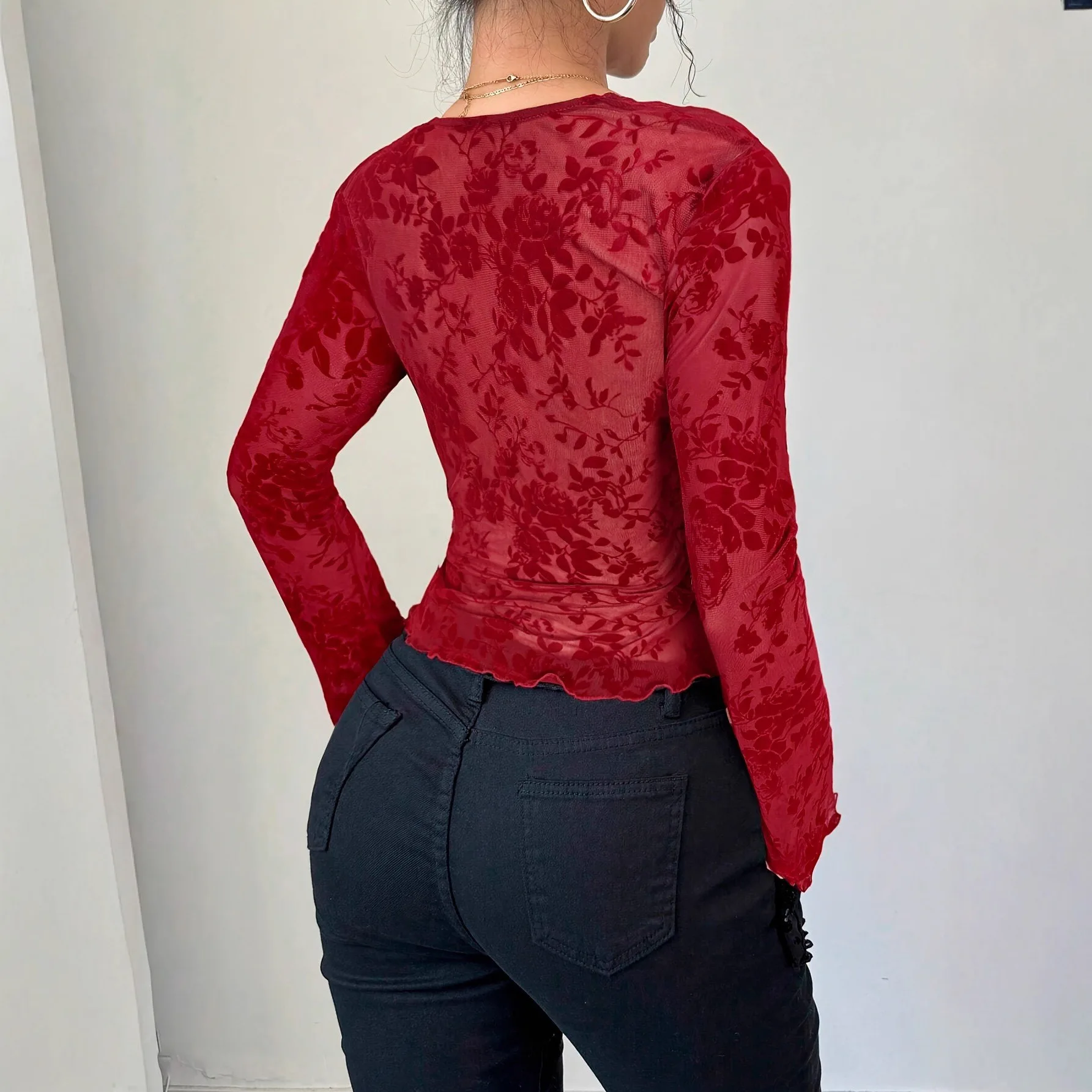 2026 Cross-Border Trendy Women's Vintage Flare Sleeve T-Shirt V-Neck Lace Mesh Patchwork Elegant Top