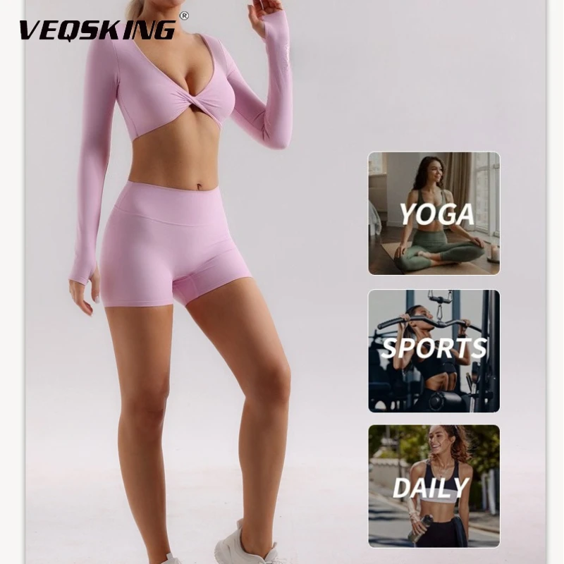 

VEQSKING Women's Seamless Yoga Suit Set, Twisted and High Waisted Shorts,Cinching and Lifting Hips,Quick Drying Yoga Fitness Set