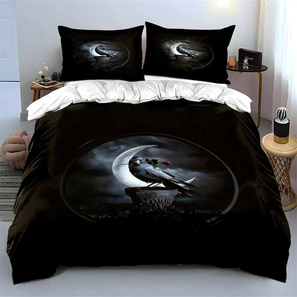 Black Background Moon Crow Rose Print Bedding Set 1 Duvet Cover 2 Pillowcases for Adult and Children Luxury Gift Full Size