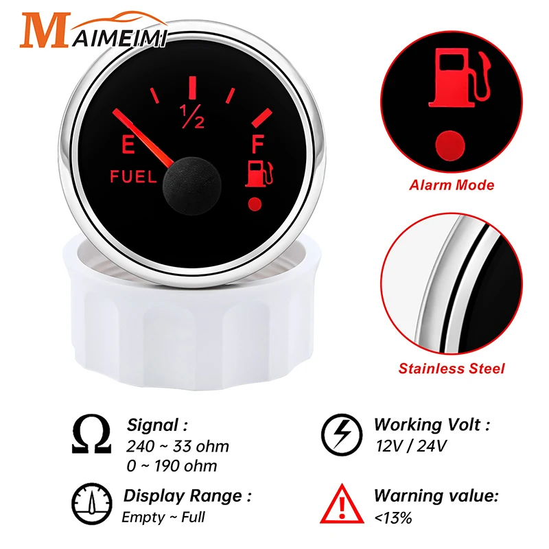 2‘’ 52MM Universal Gas Fuel Level Gauge Analogue LED Car Marine Boat 240-33 Ohms 0~190ohm Fuel Level Meter with Alarm Light