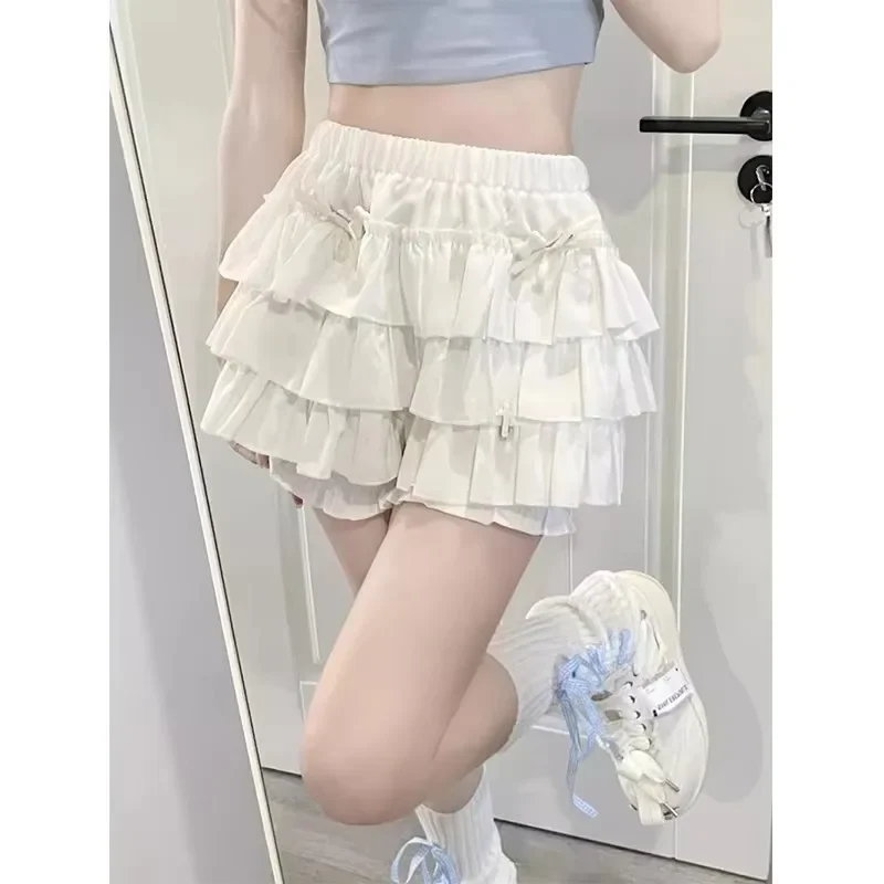 Y2k – Mini jupe à volants pour femmes, jupe trapèze avec nœud Kawaii Lolita, Harajuku japonais, taille haute, rose et blanc, robe de bal