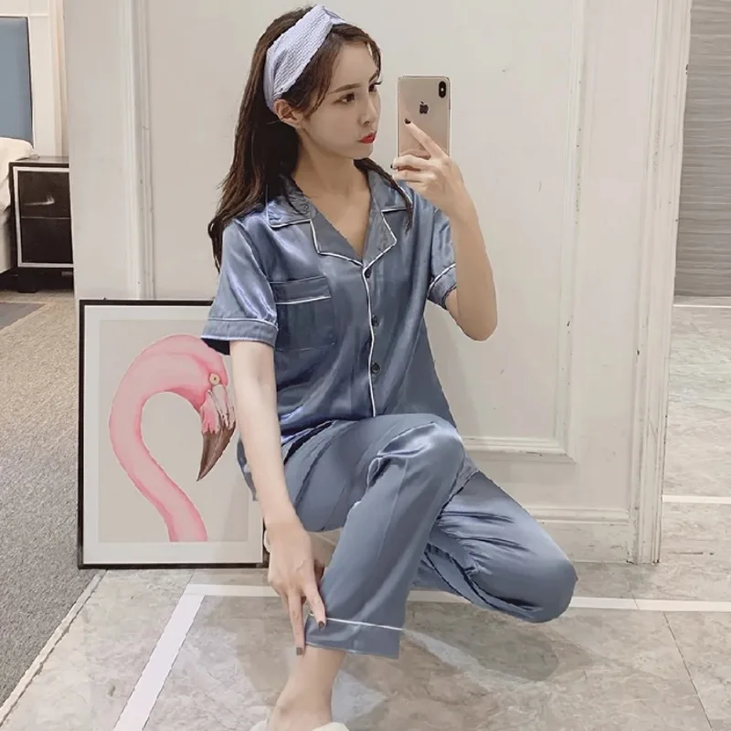 Women's Cardigan Lapel Fashion Pajamas with Pants Summer Ice Silk Solid Color Silk Home Service Suit Large Size Cozy Pajamas